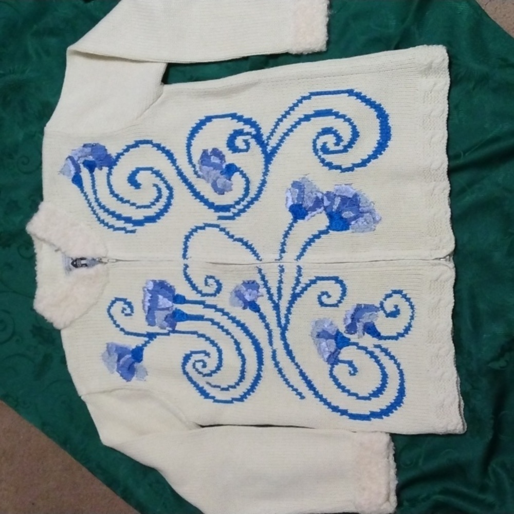 VINTAGE STORYBOOK KNITS SCROLLING BLOOMS ZIP FRONT CARDIGAN MEDIUM